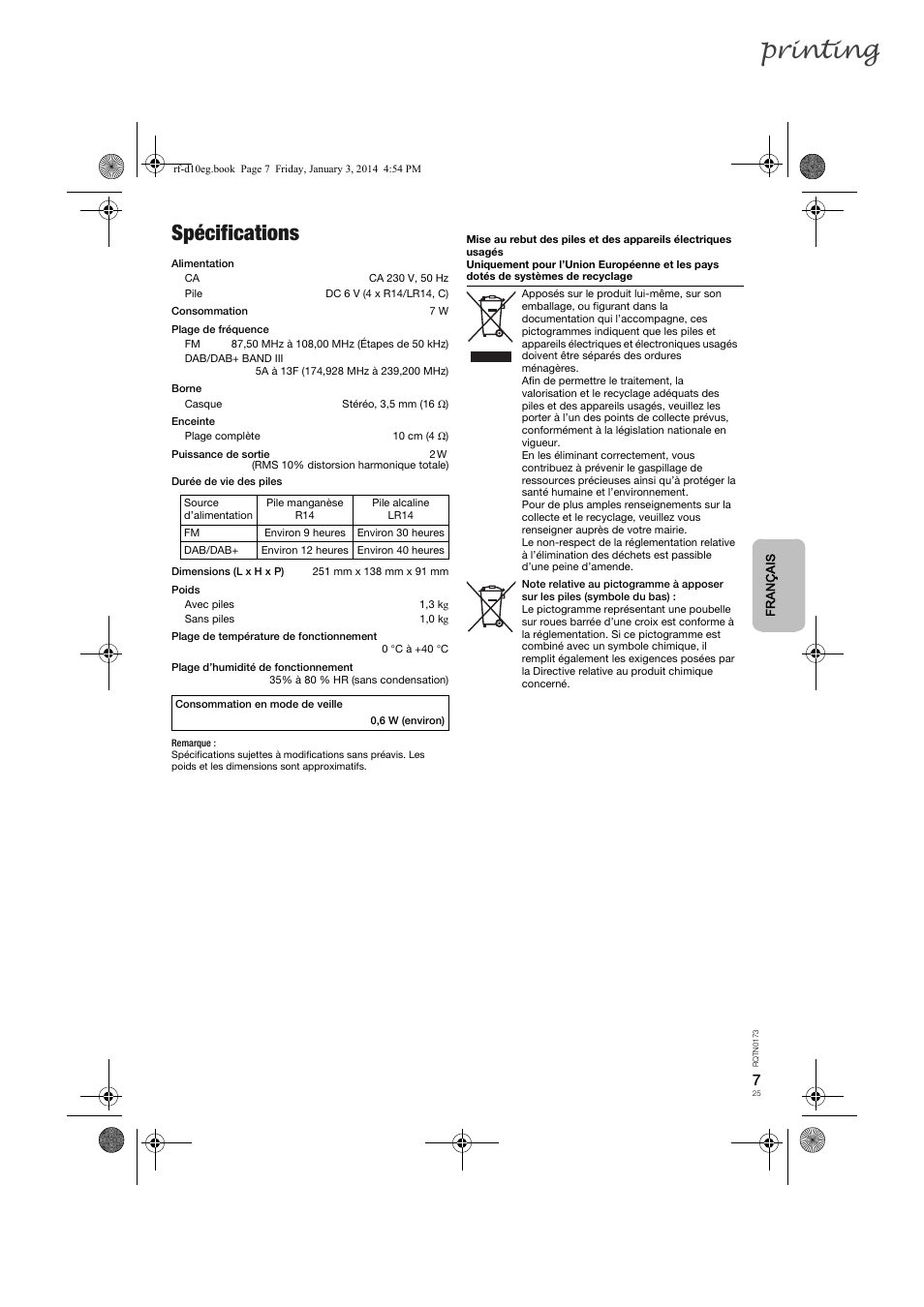 Printing, Spécifications | Panasonic RFD10EB User Manual | Page 25 / 56