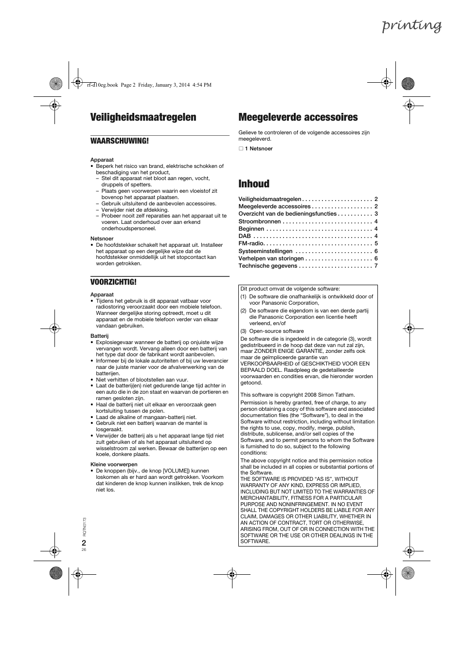 Printing, Veiligheidsmaatregelen, Meegeleverde accessoires | Inhoud, Waarschuwing, Voorzichtig | Panasonic RFD10EB User Manual | Page 26 / 56