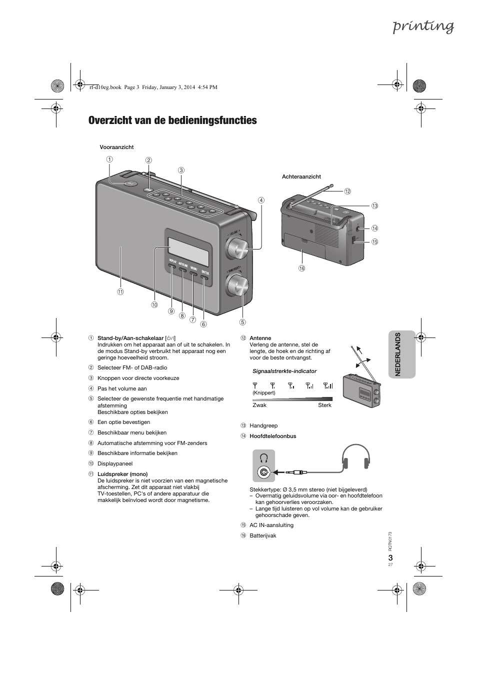 Printing, Overzicht van de bedieningsfuncties | Panasonic RFD10EB User Manual | Page 27 / 56