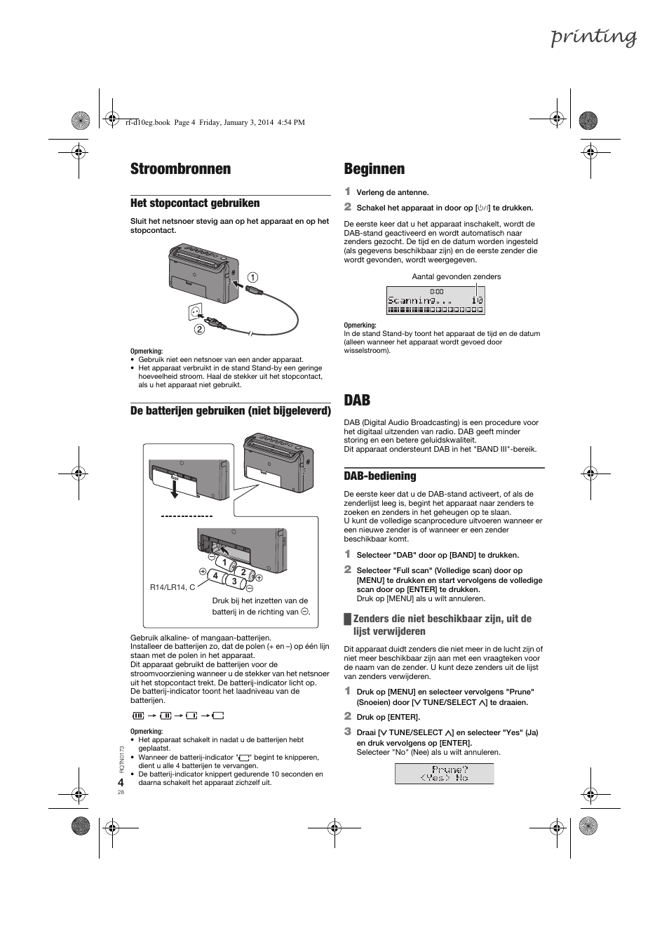 Printing, Stroombronnen, Beginnen | Het stopcontact gebruiken, De batterijen gebruiken (niet bijgeleverd), Dab-bediening | Panasonic RFD10EB User Manual | Page 28 / 56