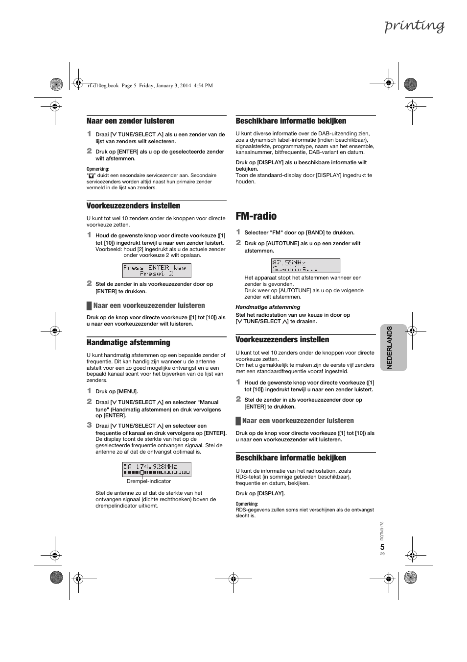 Printing, Fm-radio, Naar een zender luisteren | Voorkeuzezenders instellen, Handmatige afstemming, Beschikbare informatie bekijken | Panasonic RFD10EB User Manual | Page 29 / 56