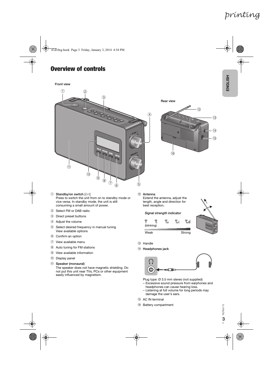 Printing, Overview of controls | Panasonic RFD10EB User Manual | Page 3 / 56