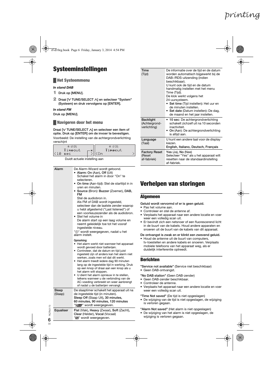 Printing, Systeeminstellingen, Verhelpen van storingen | Algemeen, Berichten, Het systeemmenu, Navigeren door het menu | Panasonic RFD10EB User Manual | Page 30 / 56