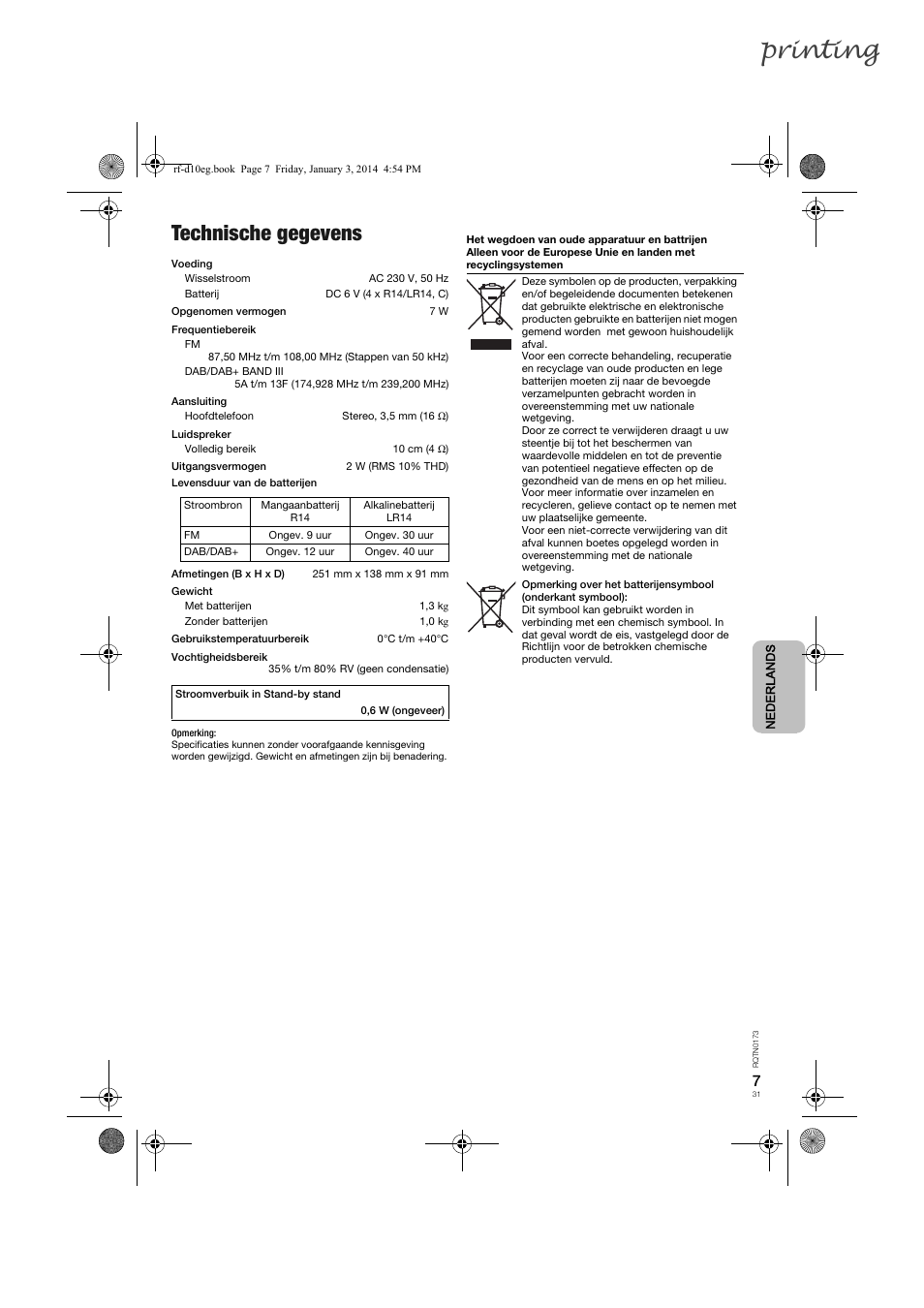 Printing, Technische gegevens | Panasonic RFD10EB User Manual | Page 31 / 56