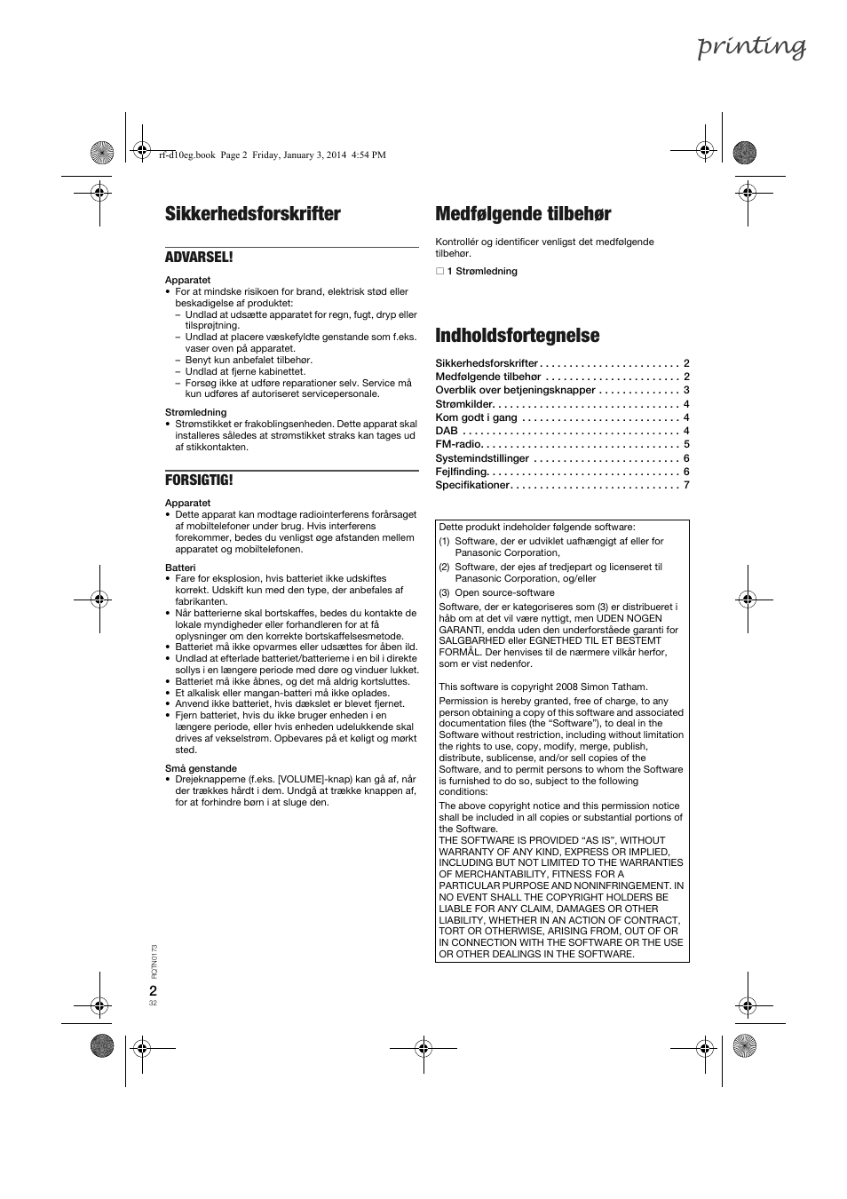 Printing, Sikkerhedsforskrifter, Medfølgende tilbehør | Indholdsfortegnelse, Advarsel, Forsigtig | Panasonic RFD10EB User Manual | Page 32 / 56