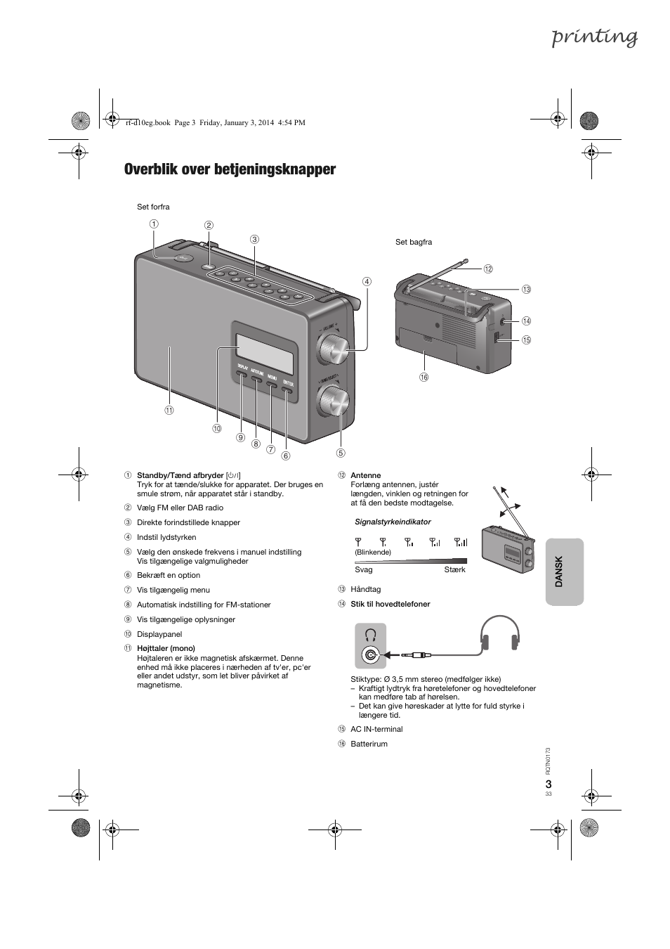 Printing, Overblik over betjeningsknapper | Panasonic RFD10EB User Manual | Page 33 / 56