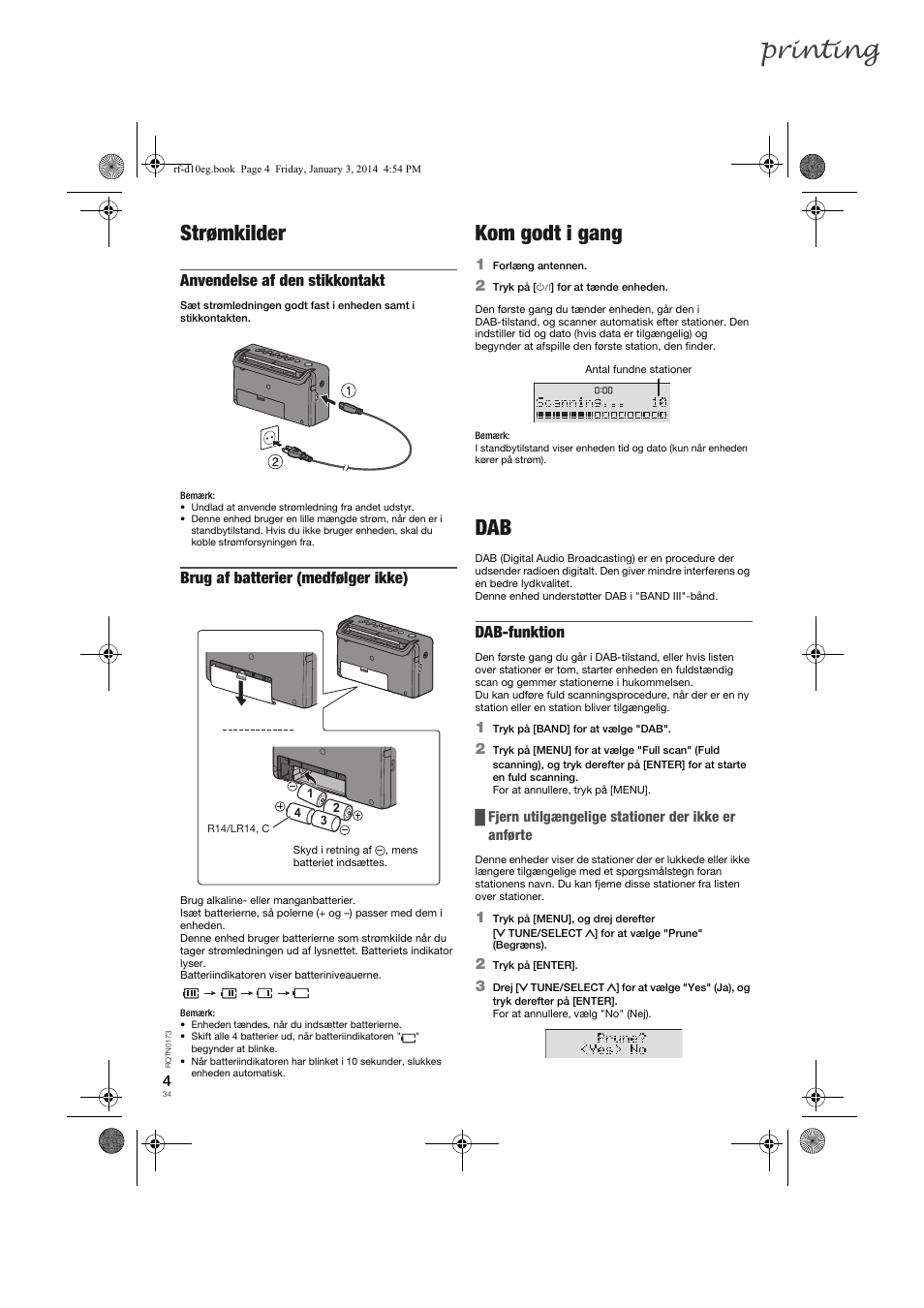 Printing, Strømkilder, Kom godt i gang | Anvendelse af den stikkontakt, Brug af batterier (medfølger ikke), Dab-funktion | Panasonic RFD10EB User Manual | Page 34 / 56