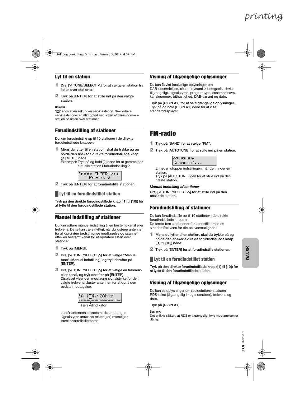 Printing, Fm-radio, Lyt til en station | Forudindstilling af stationer, Manuel indstilling af stationer, Visning af tilgængelige oplysninger | Panasonic RFD10EB User Manual | Page 35 / 56