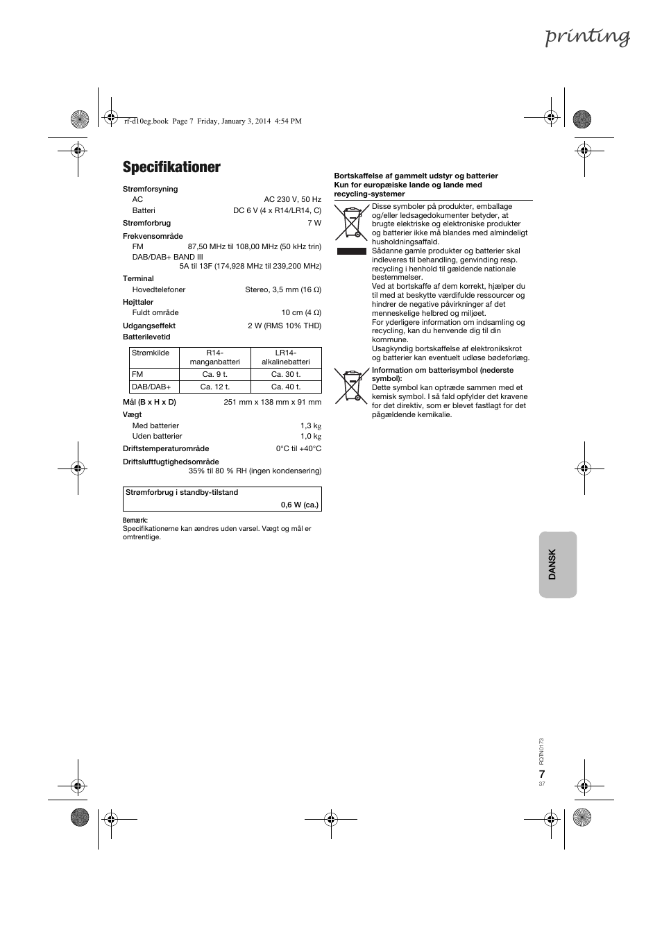 Printing, Specifikationer | Panasonic RFD10EB User Manual | Page 37 / 56