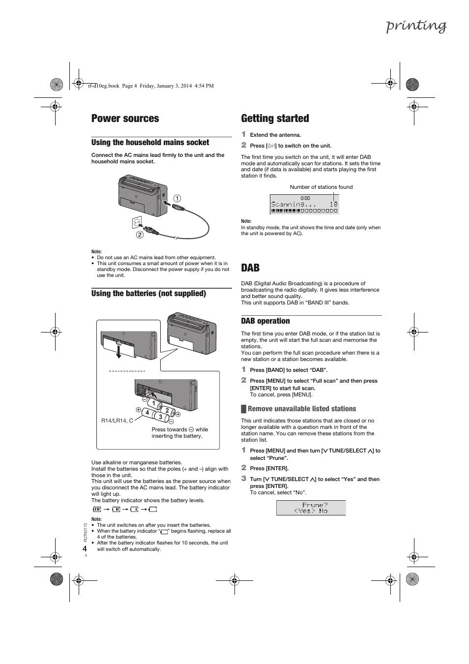 Printing, Power sources, Getting started | Using the household mains socket, Using the batteries (not supplied), Dab operation | Panasonic RFD10EB User Manual | Page 4 / 56
