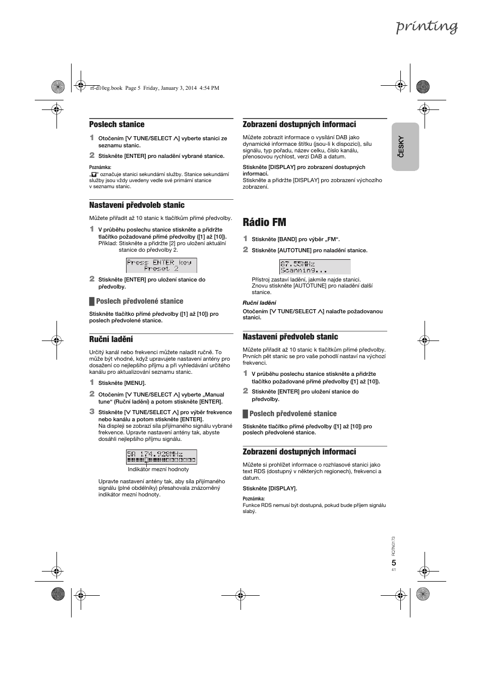 Printing, Rádio fm, Poslech stanice | Nastavení předvoleb stanic, Ruční ladění, Zobrazení dostupných informací | Panasonic RFD10EB User Manual | Page 41 / 56