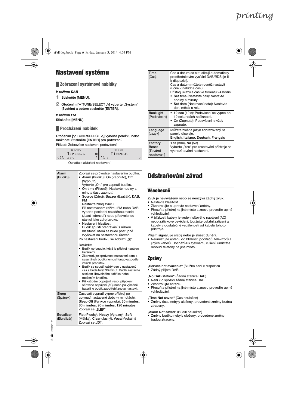 Printing, Nastavení systému, Odstraňování závad | Všeobecně, Zprávy, Zobrazení systémové nabídky, Procházení nabídek | Panasonic RFD10EB User Manual | Page 42 / 56