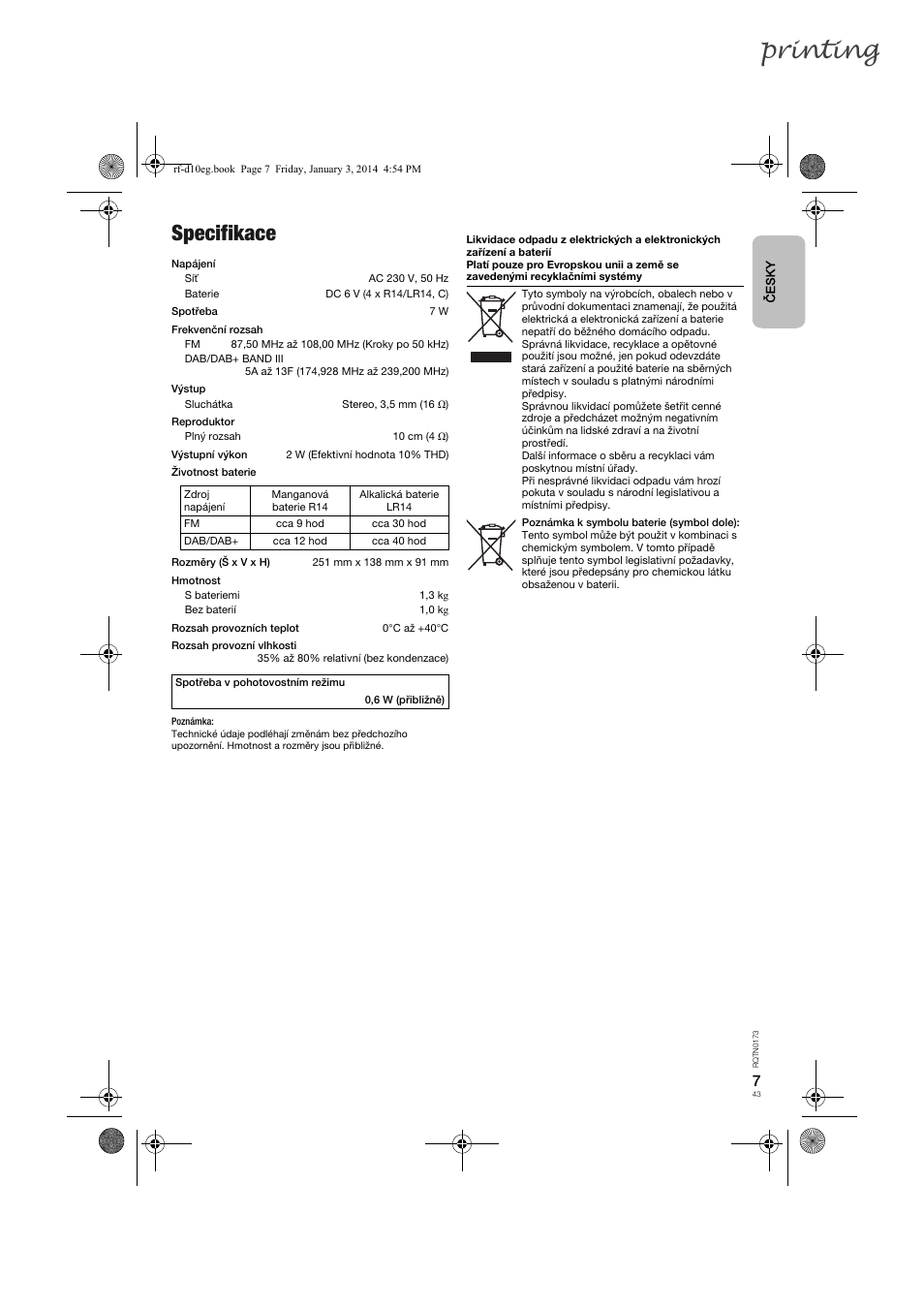 Printing, Specifikace | Panasonic RFD10EB User Manual | Page 43 / 56