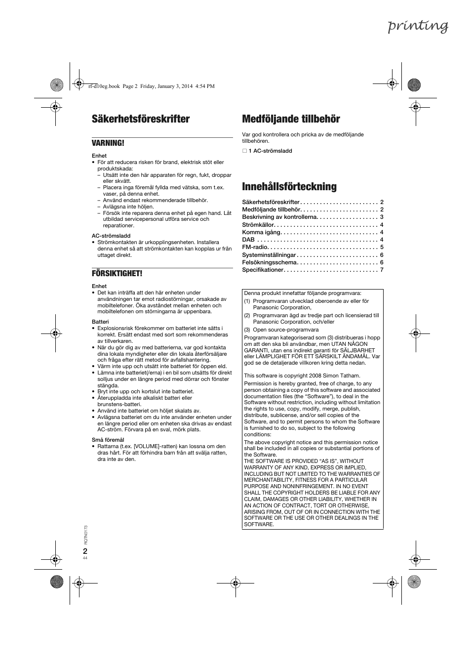 Printing, Säkerhetsföreskrifter, Medföljande tillbehör | Innehållsförteckning, Varning, Försiktighet | Panasonic RFD10EB User Manual | Page 44 / 56