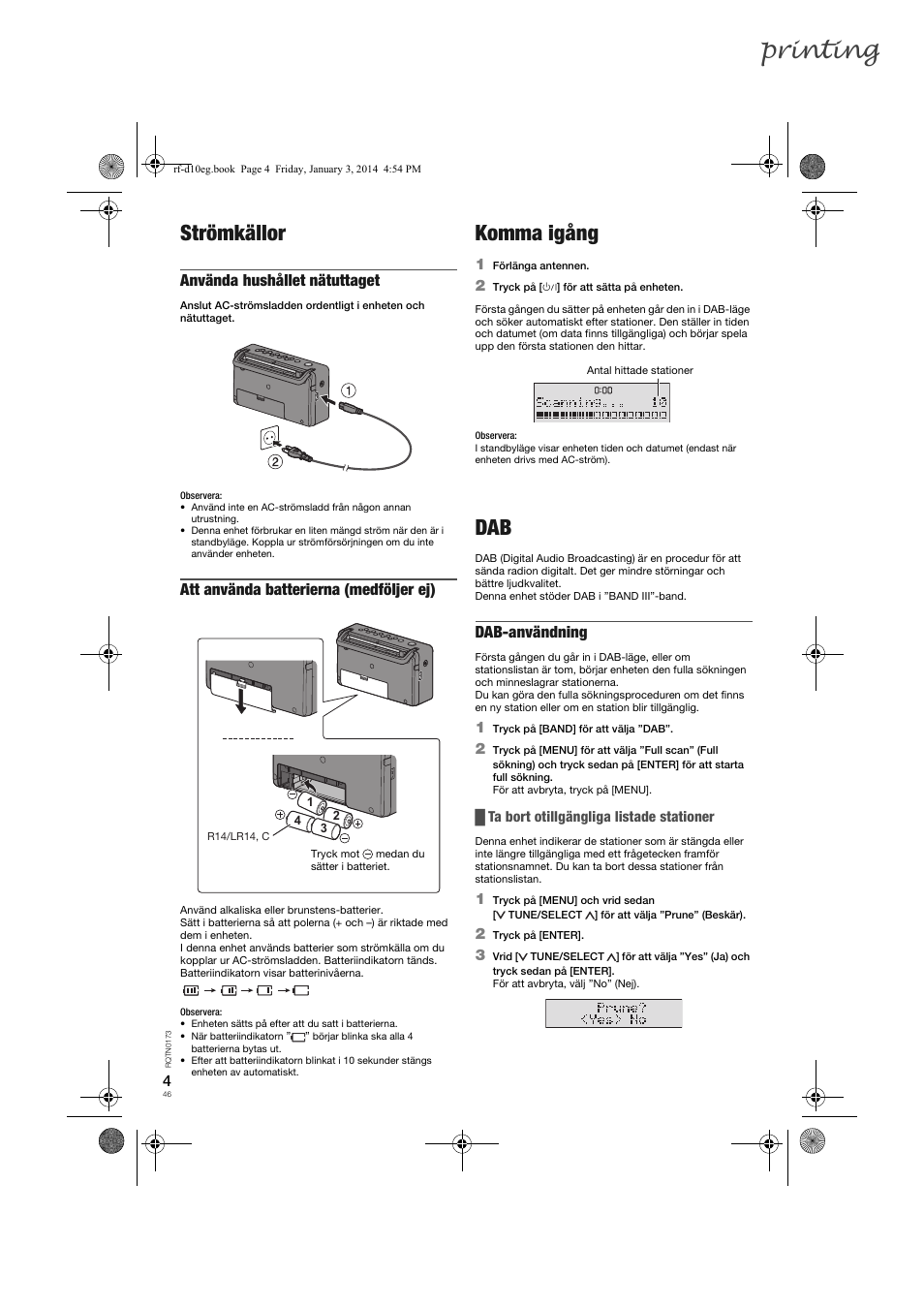 Printing, Strömkällor, Komma igång | Använda hushållet nätuttaget, Att använda batterierna (medföljer ej), Dab-användning | Panasonic RFD10EB User Manual | Page 46 / 56