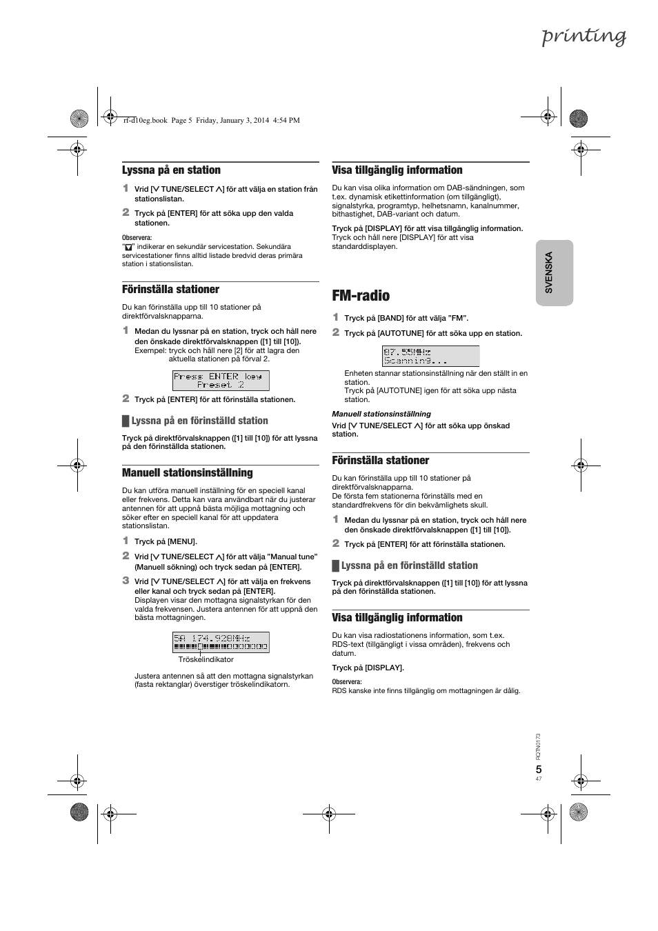 Printing, Fm-radio, Lyssna på en station | Förinställa stationer, Manuell stationsinställning, Visa tillgänglig information | Panasonic RFD10EB User Manual | Page 47 / 56