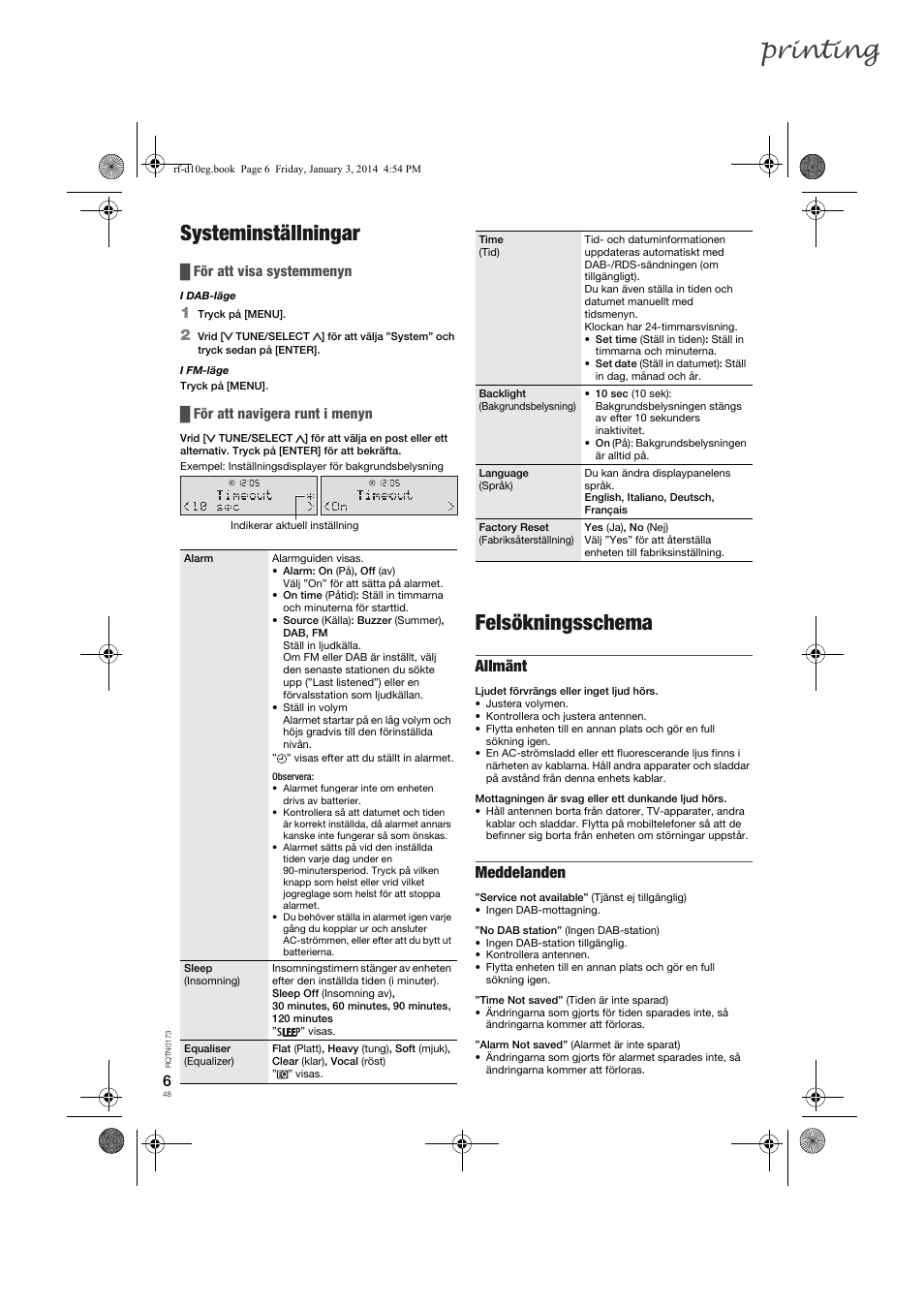 Printing, Systeminställningar, Felsökningsschema | Allmänt, Meddelanden, För att visa systemmenyn, För att navigera runt i menyn | Panasonic RFD10EB User Manual | Page 48 / 56