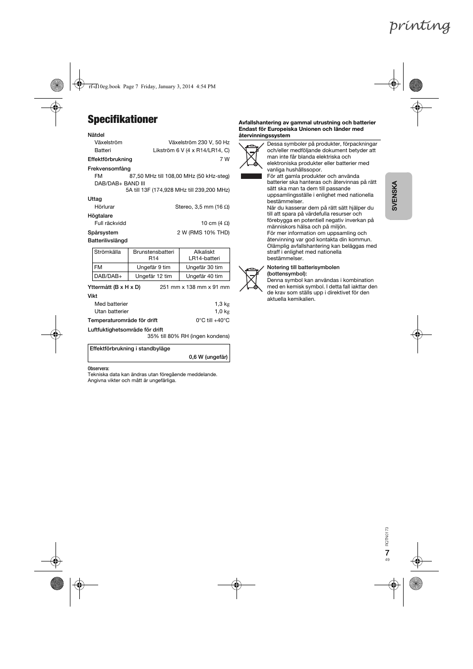 Printing, Specifikationer | Panasonic RFD10EB User Manual | Page 49 / 56