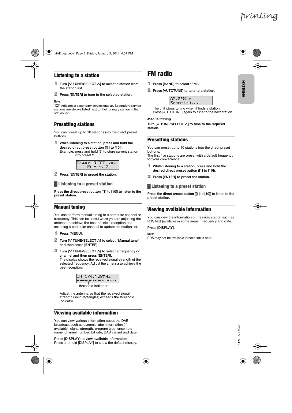 Printing, Fm radio, Listening to a station | Presetting stations, Manual tuning, Viewing available information | Panasonic RFD10EB User Manual | Page 5 / 56