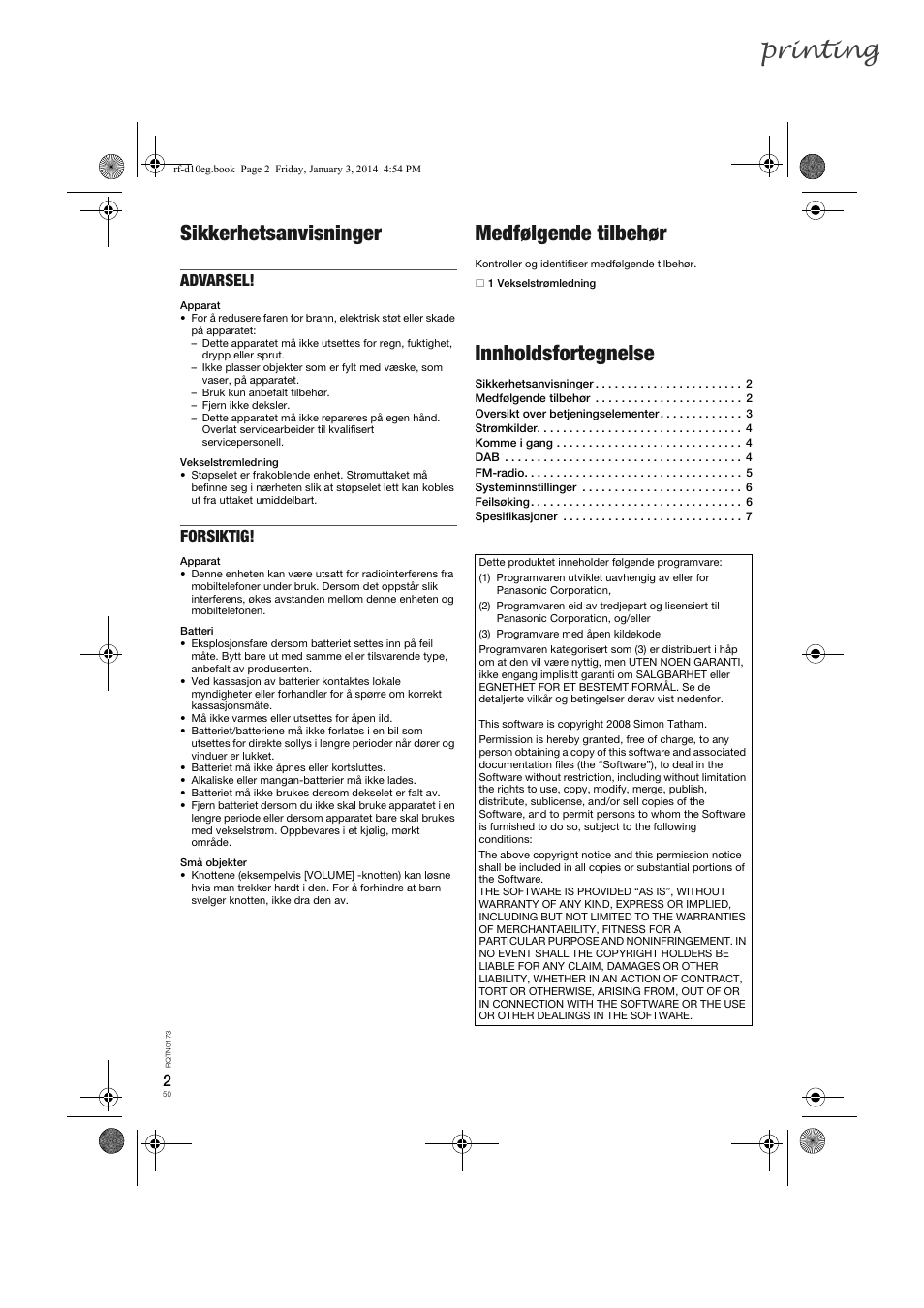 Printing, Sikkerhetsanvisninger, Medfølgende tilbehør | Innholdsfortegnelse, Advarsel, Forsiktig | Panasonic RFD10EB User Manual | Page 50 / 56