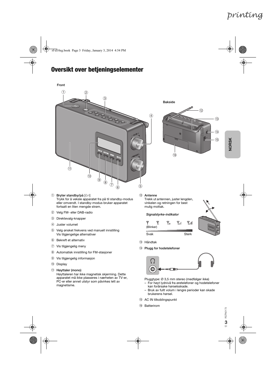 Printing, Oversikt over betjeningselementer | Panasonic RFD10EB User Manual | Page 51 / 56