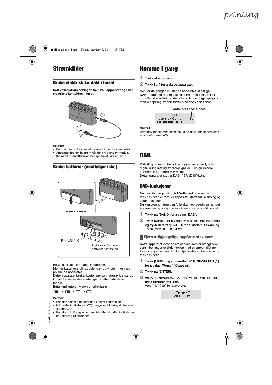 Printing, Strømkilder, Komme i gang | Bruke elektrisk kontakt i huset, Bruke batterier (medfølger ikke), Dab-funksjoner | Panasonic RFD10EB User Manual | Page 52 / 56