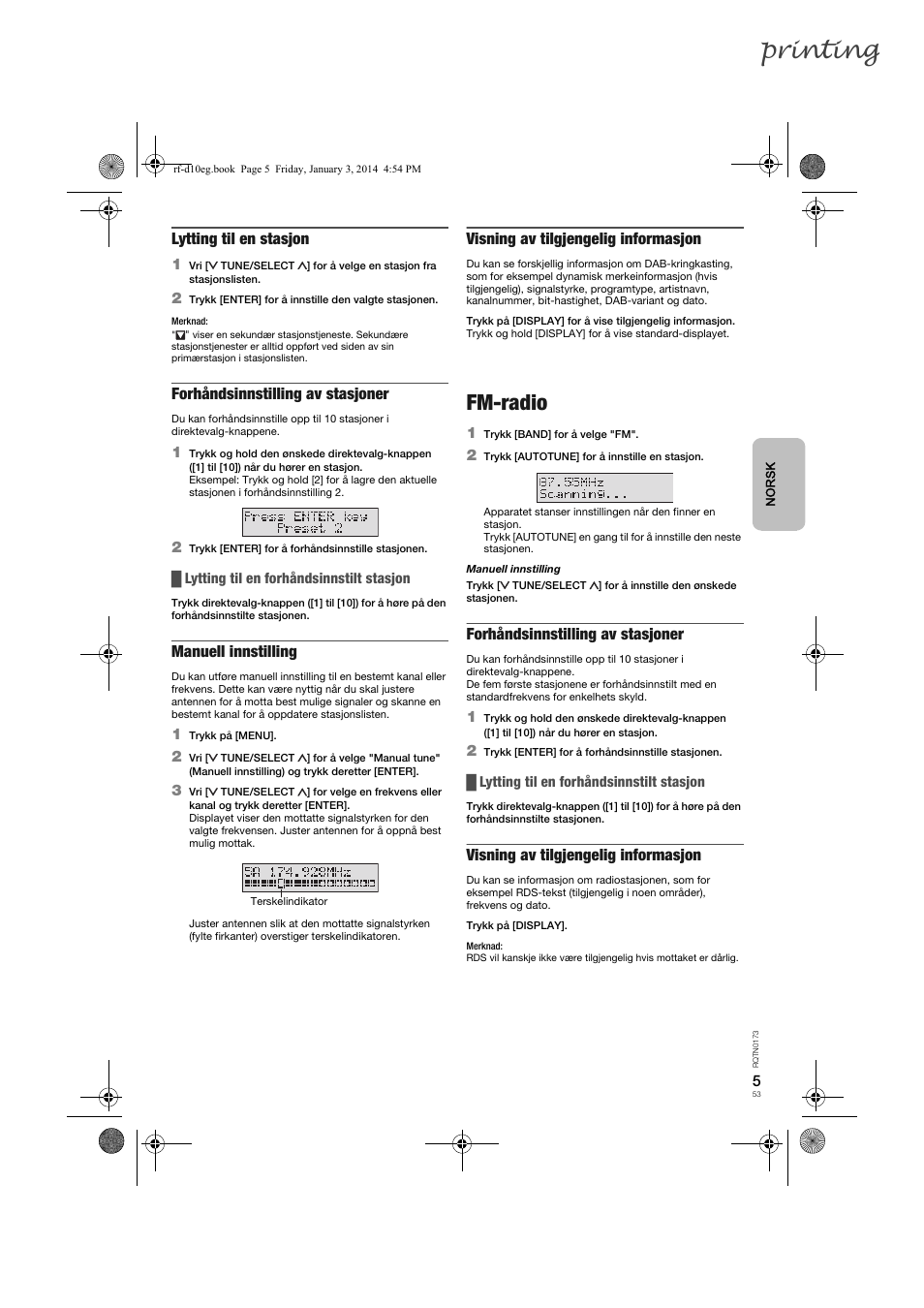 Printing, Fm-radio, Lytting til en stasjon | Forhåndsinnstilling av stasjoner, Manuell innstilling, Visning av tilgjengelig informasjon | Panasonic RFD10EB User Manual | Page 53 / 56