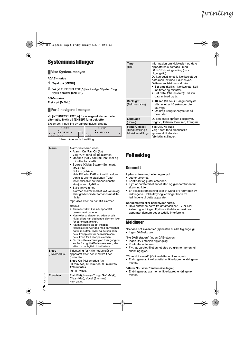 Printing, Systeminnstillinger, Feilsøking | Generelt, Meldinger, Vise system-menyen, For å navigere i menyen | Panasonic RFD10EB User Manual | Page 54 / 56