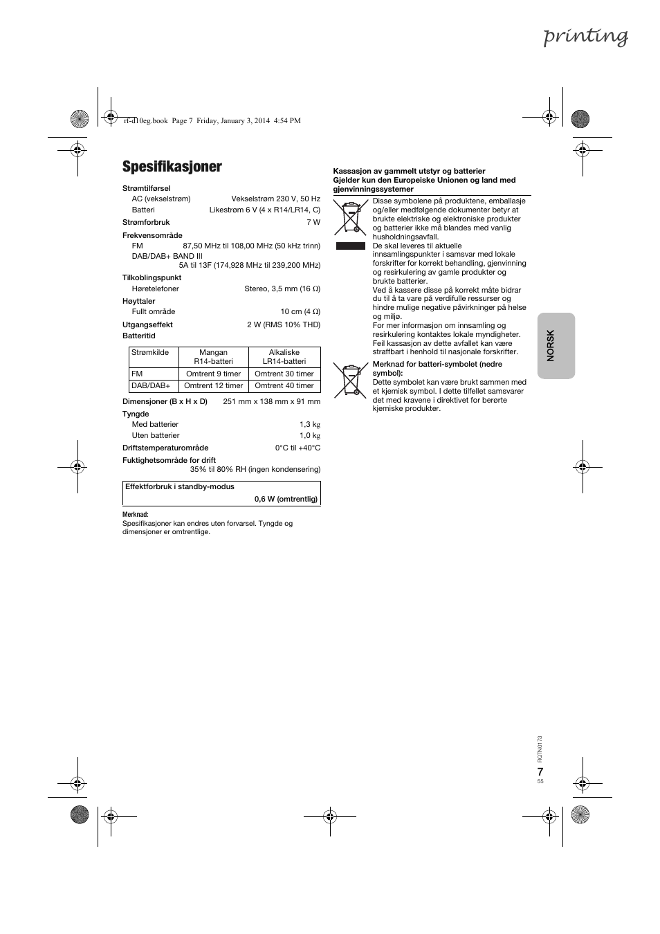 Printing, Spesifikasjoner | Panasonic RFD10EB User Manual | Page 55 / 56