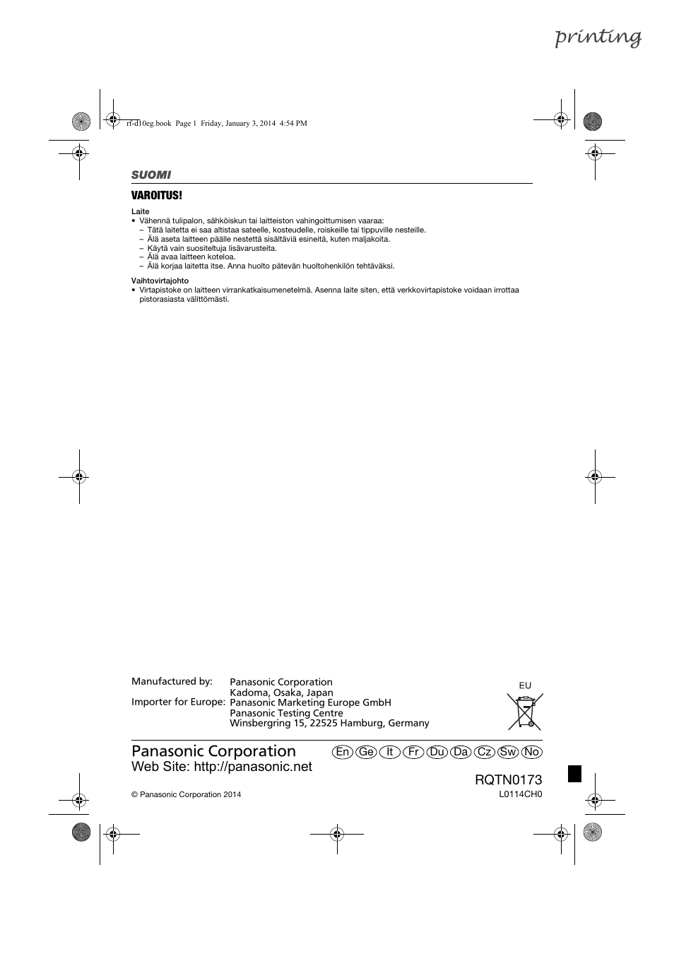 Printing, Rqtn0173 | Panasonic RFD10EB User Manual | Page 56 / 56