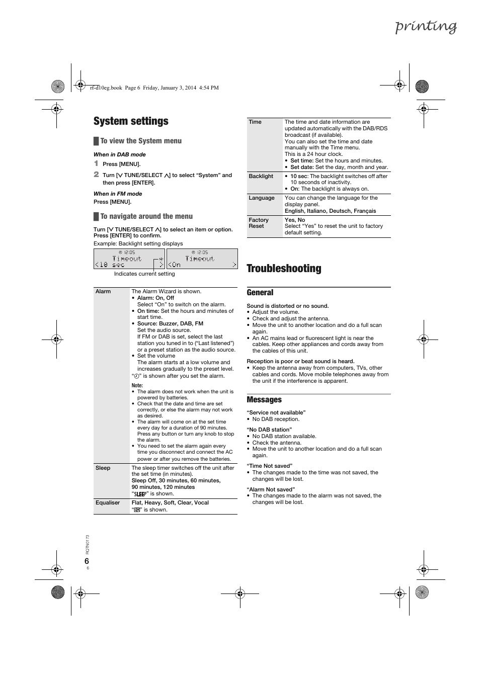 Printing, System settings, Troubleshooting | General, Messages | Panasonic RFD10EB User Manual | Page 6 / 56