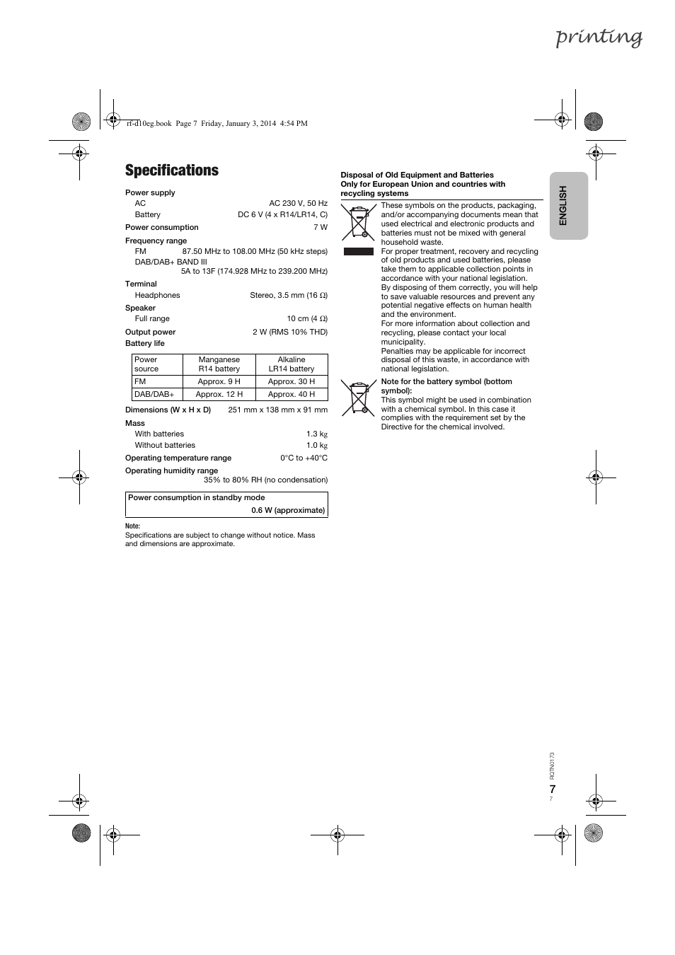 Printing, Specifications | Panasonic RFD10EB User Manual | Page 7 / 56