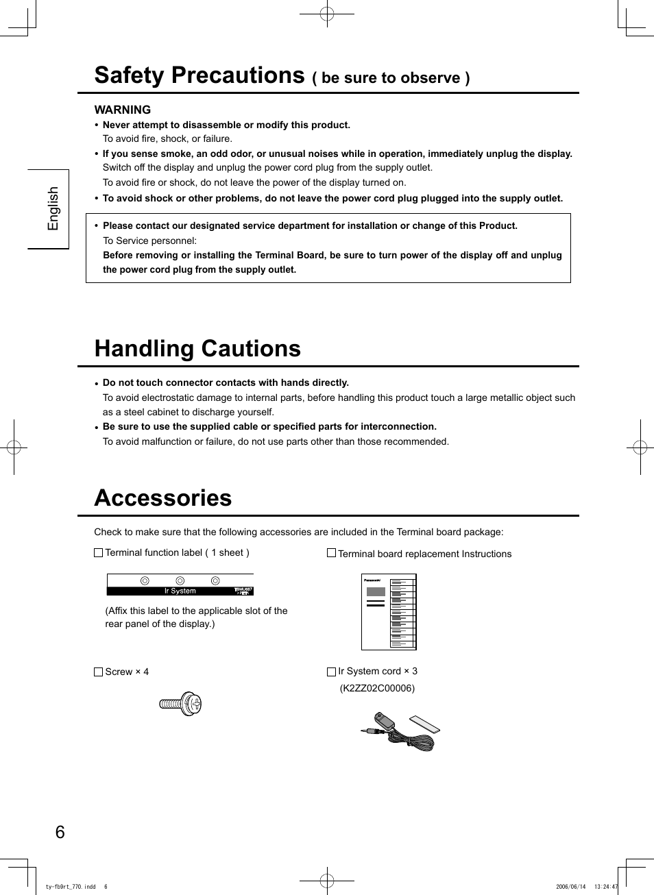 Safety precautions, Handling cautions accessories, Be sure to observe ) | Panasonic TYFB9RT User Manual | Page 6 / 24