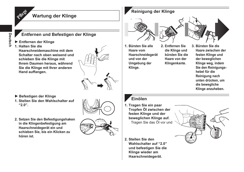 Pfl ege, Wartung der klinge | Panasonic ER1611 User Manual | Page 10 / 100