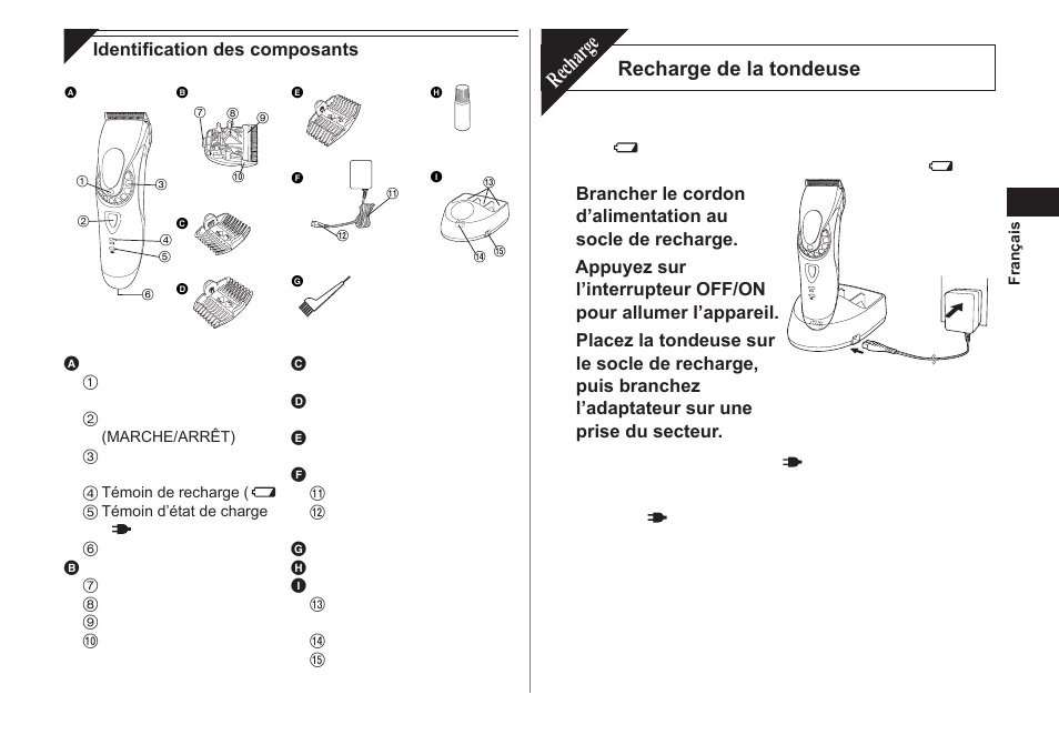 Recharge, Recharge de la tondeuse | Panasonic ER1611 User Manual | Page 13 / 100