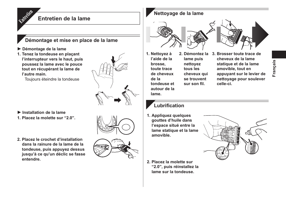 Entr etien, Entretien de la lame | Panasonic ER1611 User Manual | Page 15 / 100
