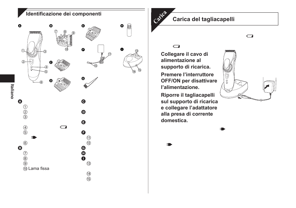 Carica, Carica del tagliacapelli | Panasonic ER1611 User Manual | Page 18 / 100