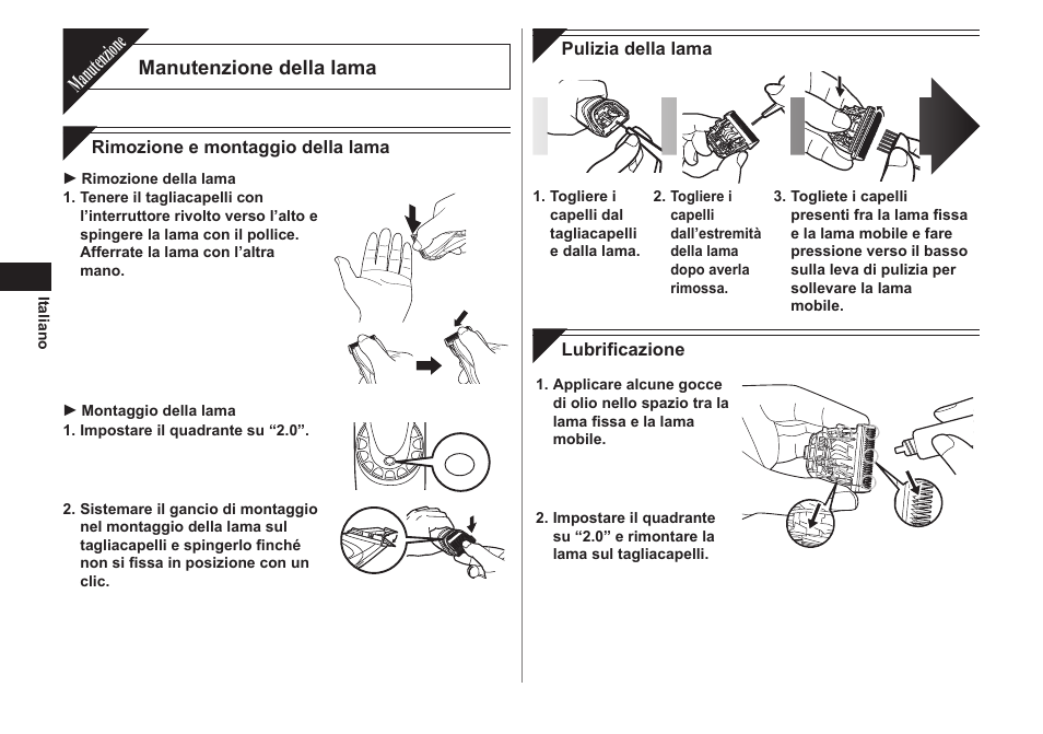 Manutenzione, Manutenzione della lama | Panasonic ER1611 User Manual | Page 20 / 100