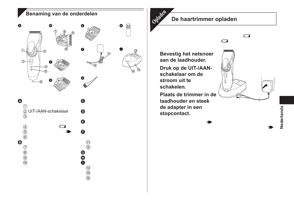 Opladen, De haartrimmer opladen | Panasonic ER1611 User Manual | Page 23 / 100