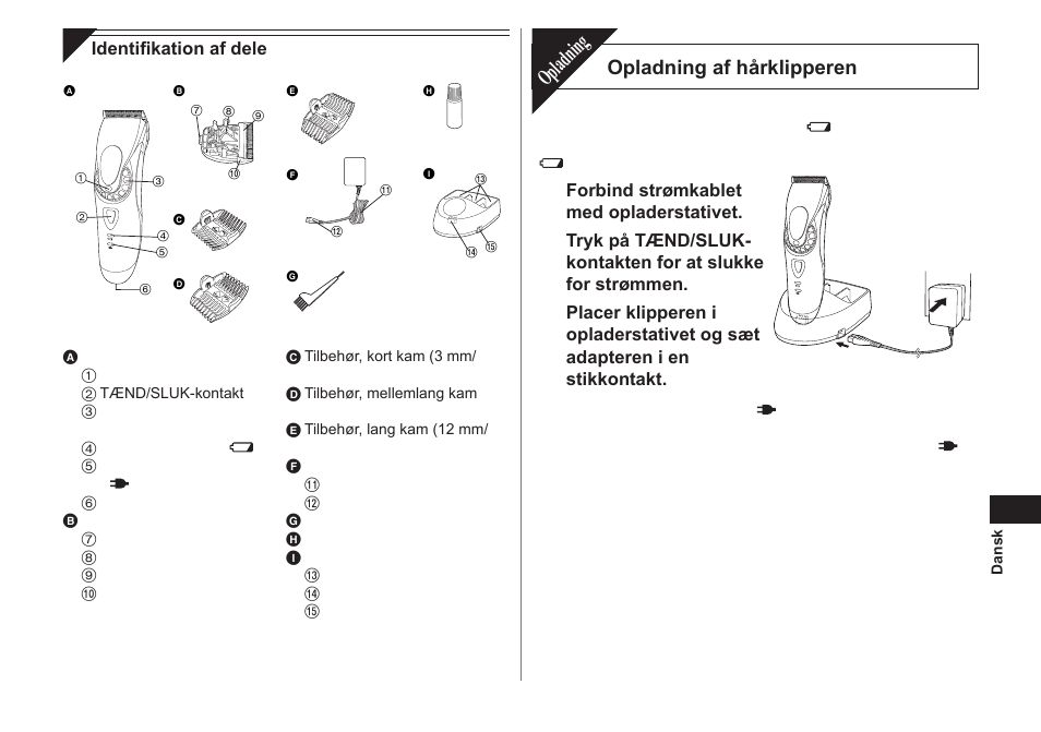 Opladning, Opladning af hårklipperen | Panasonic ER1611 User Manual | Page 33 / 100