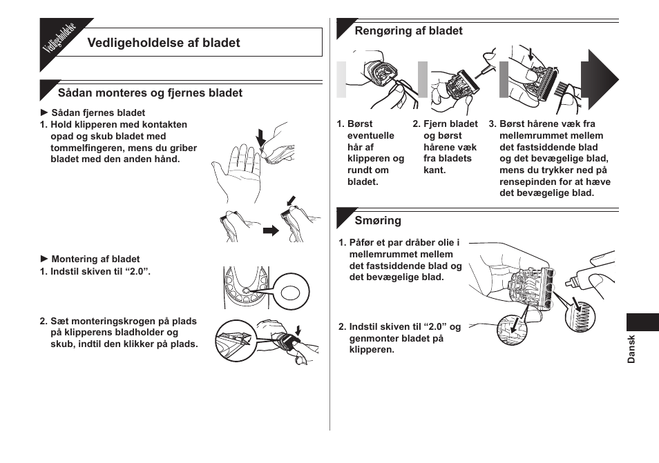 Vedligeholdelse, Vedligeholdelse af bladet | Panasonic ER1611 User Manual | Page 35 / 100