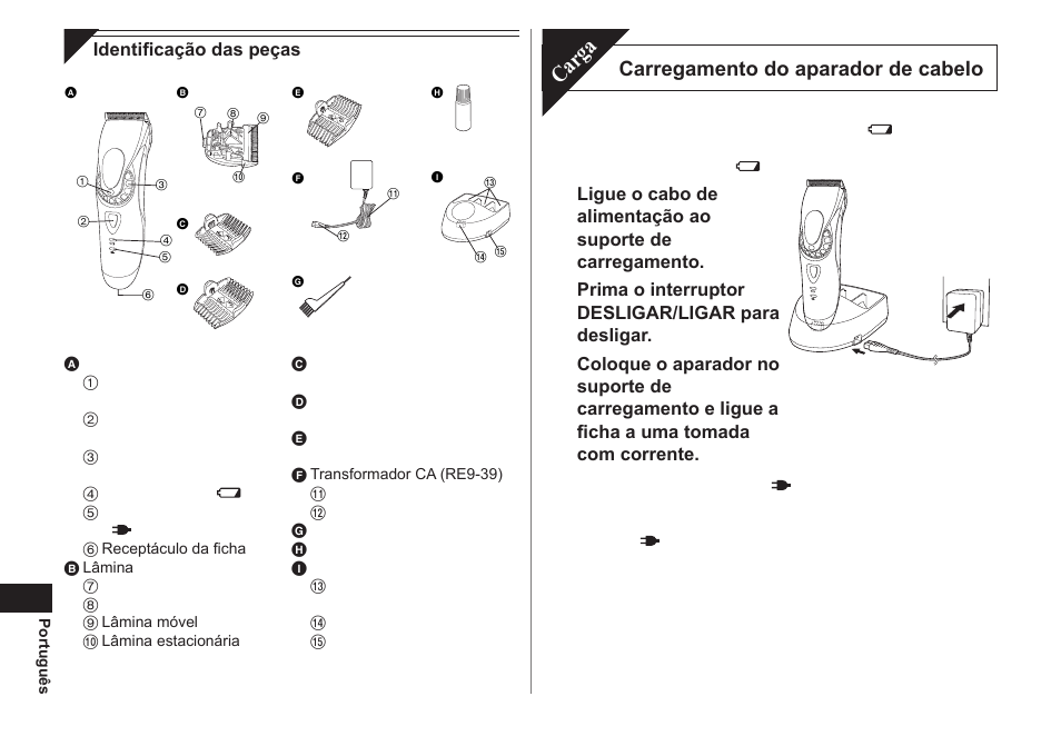 Carga, Carregamento do aparador de cabelo | Panasonic ER1611 User Manual | Page 38 / 100