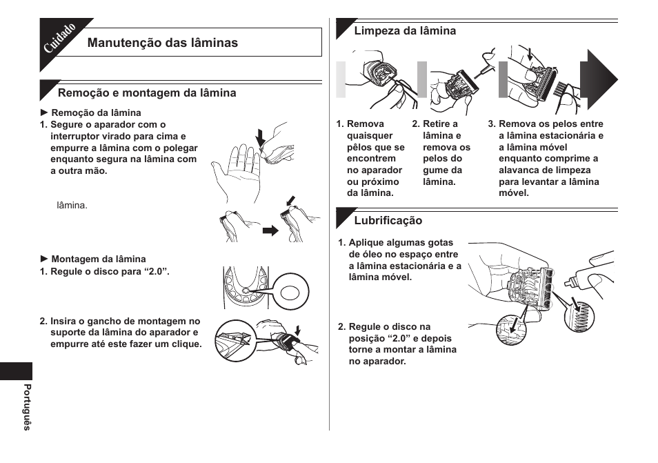 Cuidado, Manutenção das lâminas | Panasonic ER1611 User Manual | Page 40 / 100