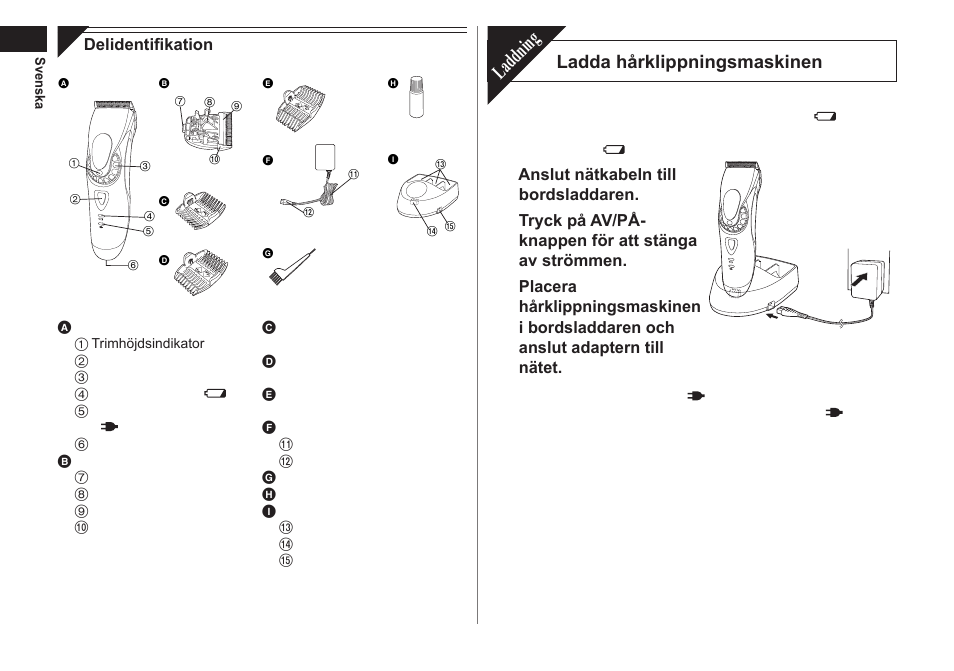 Laddning, Ladda hårklippningsmaskinen | Panasonic ER1611 User Manual | Page 48 / 100