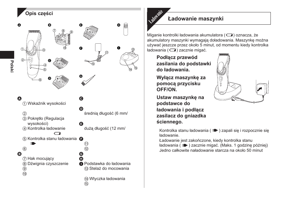 Ładowanie, Ładowanie maszynki | Panasonic ER1611 User Manual | Page 58 / 100