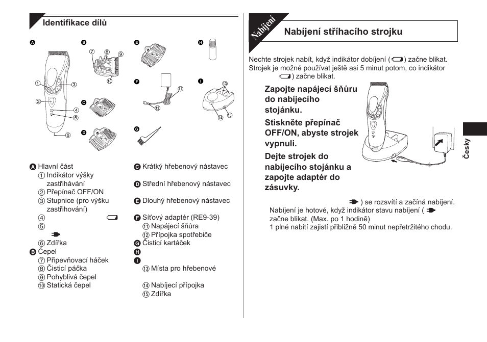 Nabíjení, Nabíjení stříhacího strojku | Panasonic ER1611 User Manual | Page 63 / 100