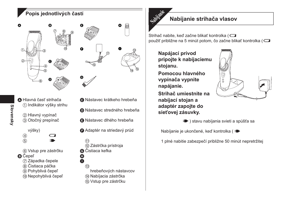 Nabíjanie, Nabíjanie strihača vlasov | Panasonic ER1611 User Manual | Page 68 / 100