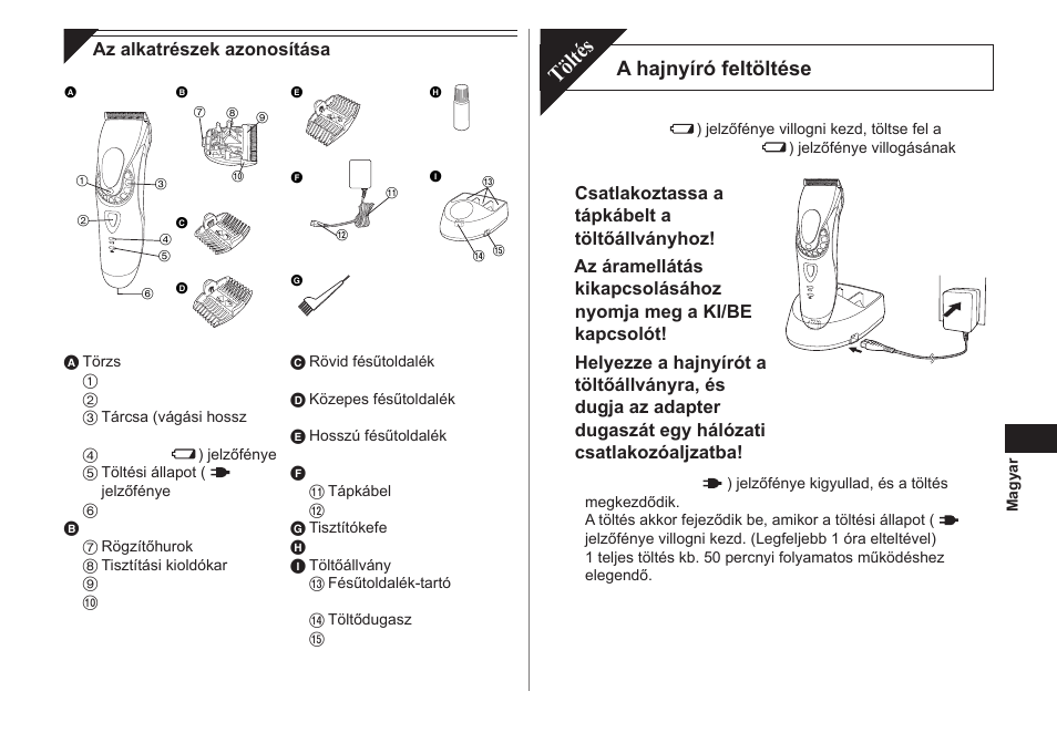 Töltés, A hajnyíró feltöltése | Panasonic ER1611 User Manual | Page 73 / 100