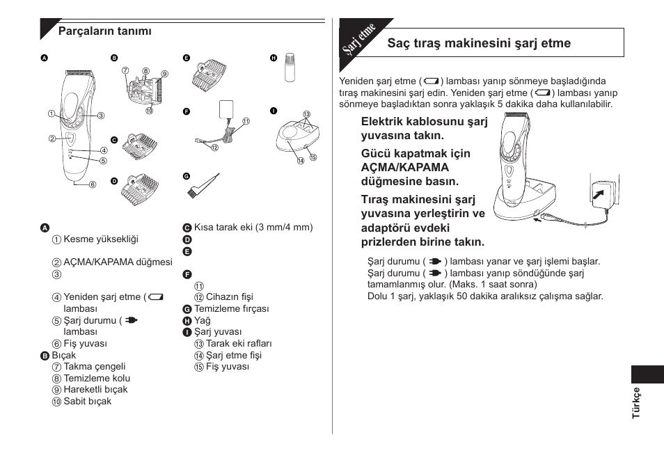 Şarj etme, Saç tıraş makinesini şarj etme | Panasonic ER1611 User Manual | Page 83 / 100