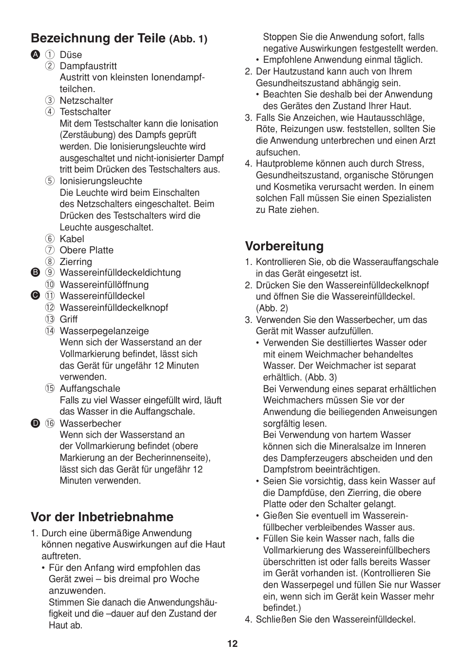 Bezeichnung der teile, Vor der inbetriebnahme, Vorbereitung | Panasonic EH2424 User Manual | Page 12 / 36